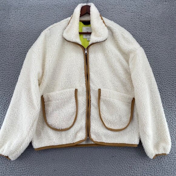 Free Assembly Coat Womens Small Ivory Beige Trim Fleece Zip Pockets Mock Neck - Picture 1 of 11